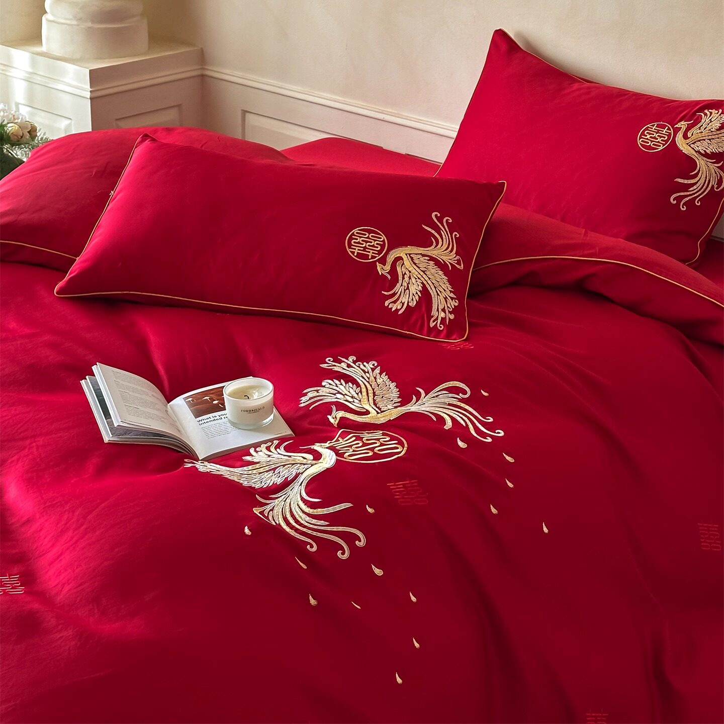 新中式婚庆四件套大红色床上用品被套喜被结婚高档结婚家用水洗棉