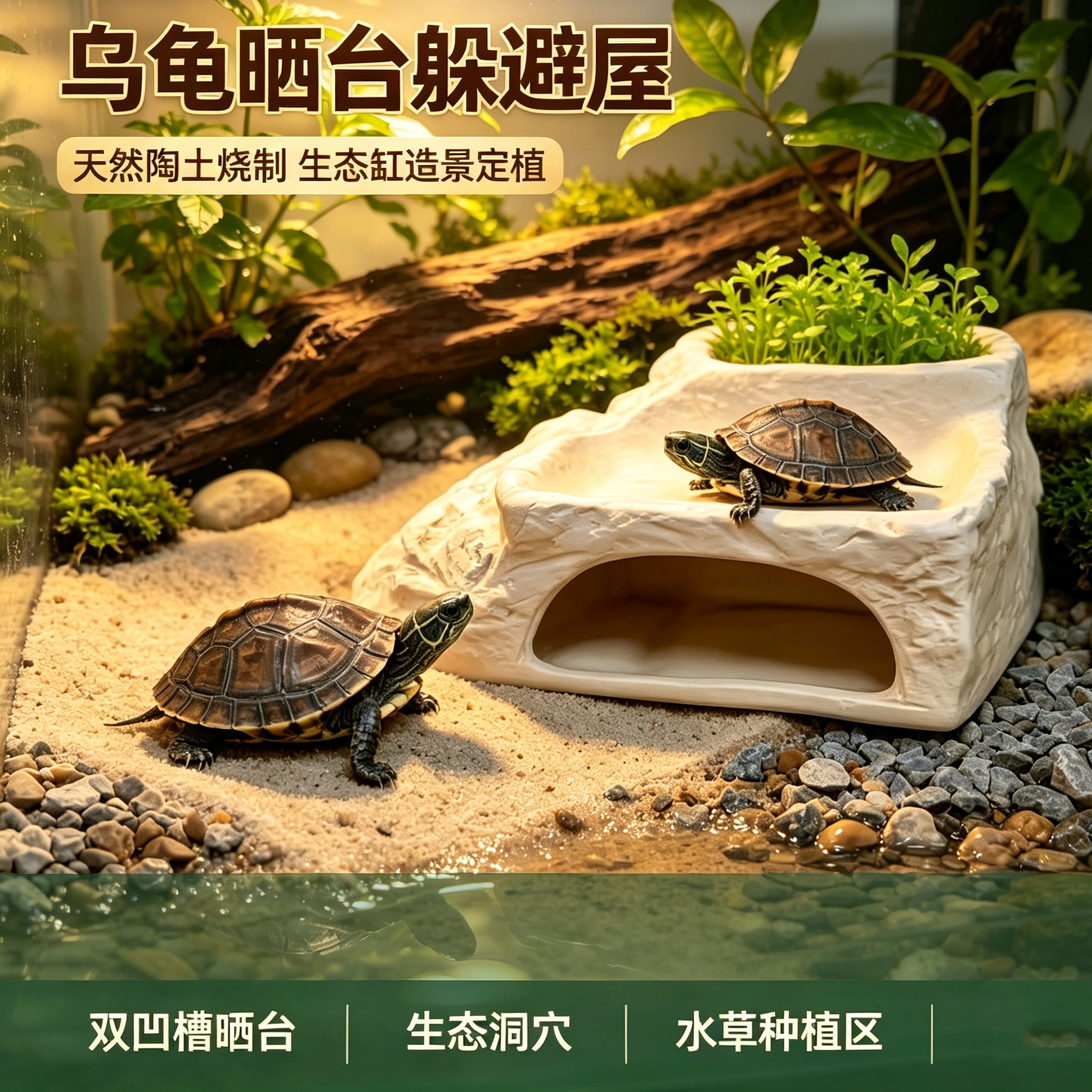 天然陶土乌龟晒台躲避屋生态缸造景装饰双凹槽水草种植生态别墅