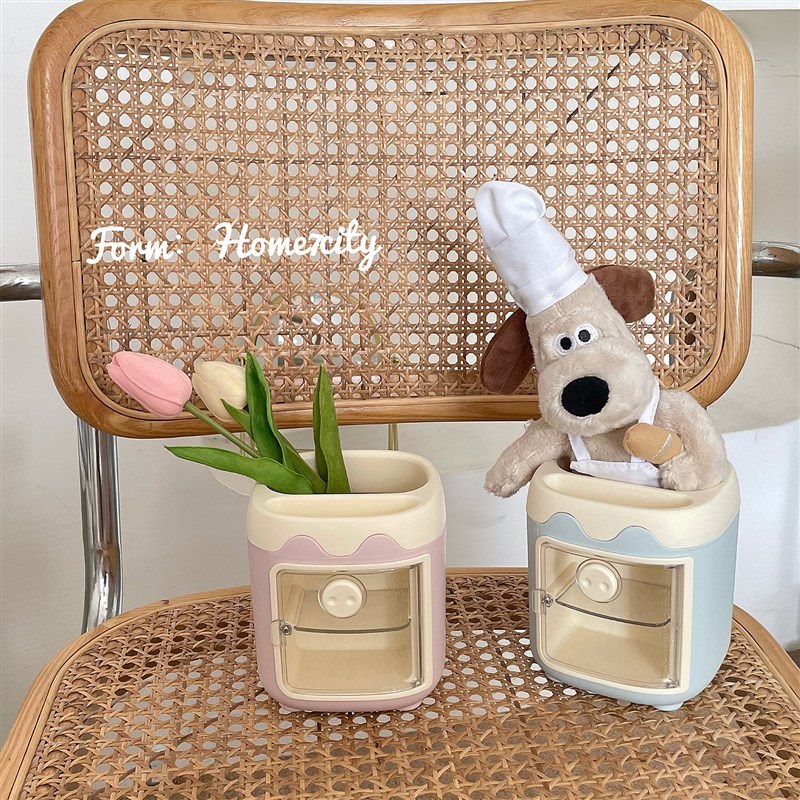 Home7city可爱小猪笔筒粉色A蓝色大容量可开门式猪猪化妆刷收纳桶