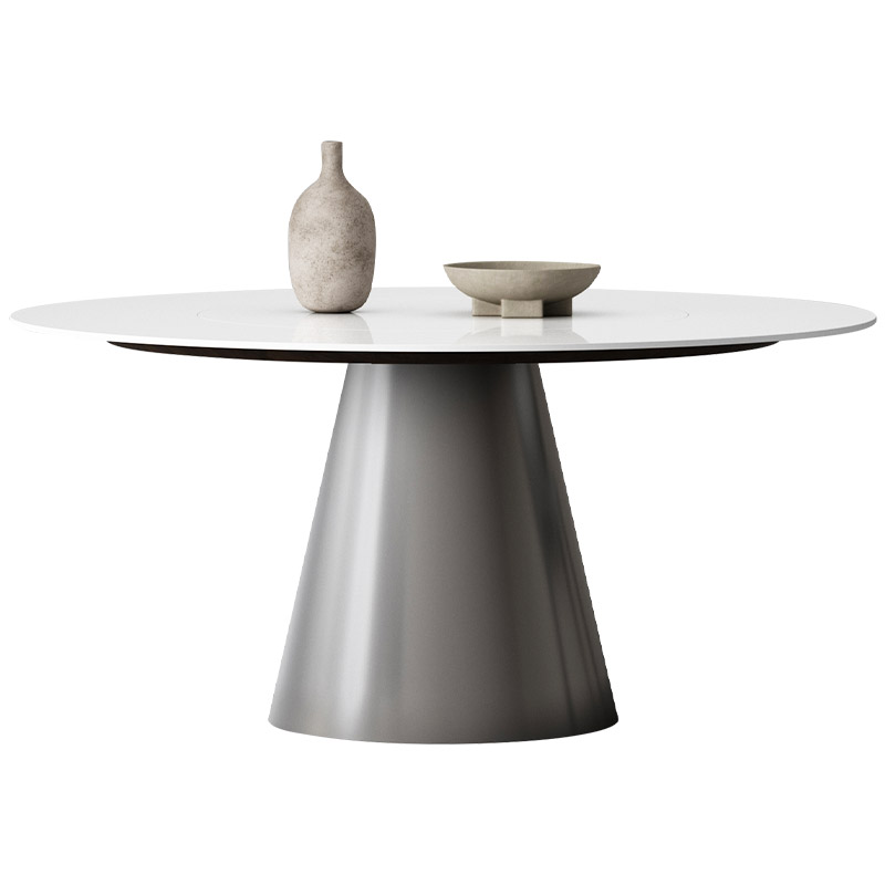 德利丰亮光e岩板圆桌意式极简不锈钢灰钢纯白色家用岩板餐桌带转