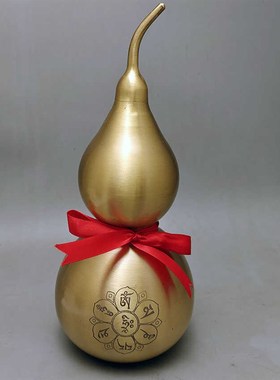 家居饰品六字真言铜葫芦大摆件纯黄铜开口空心天医铜葫芦高25厘米