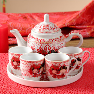 婚庆茶具百年好合茶具套装敬茶杯带托盘创意婚庆礼品茶具茶盘茶壶