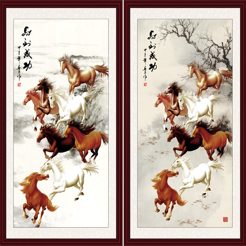 装饰画客厅玄关背景墙无框画芯山水风景国画竖版挂马到成功八骏图图片