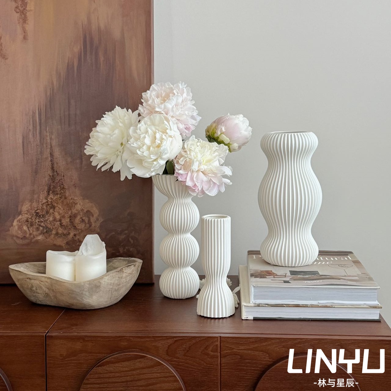 林与/简约素白艺术造型罗马柱陶瓷花瓶家居N客厅桌面插花装饰花器