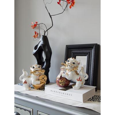 新中式招财白金色可爱麒麟一对中古手工陶瓷摆件玄关轻奢高档装饰