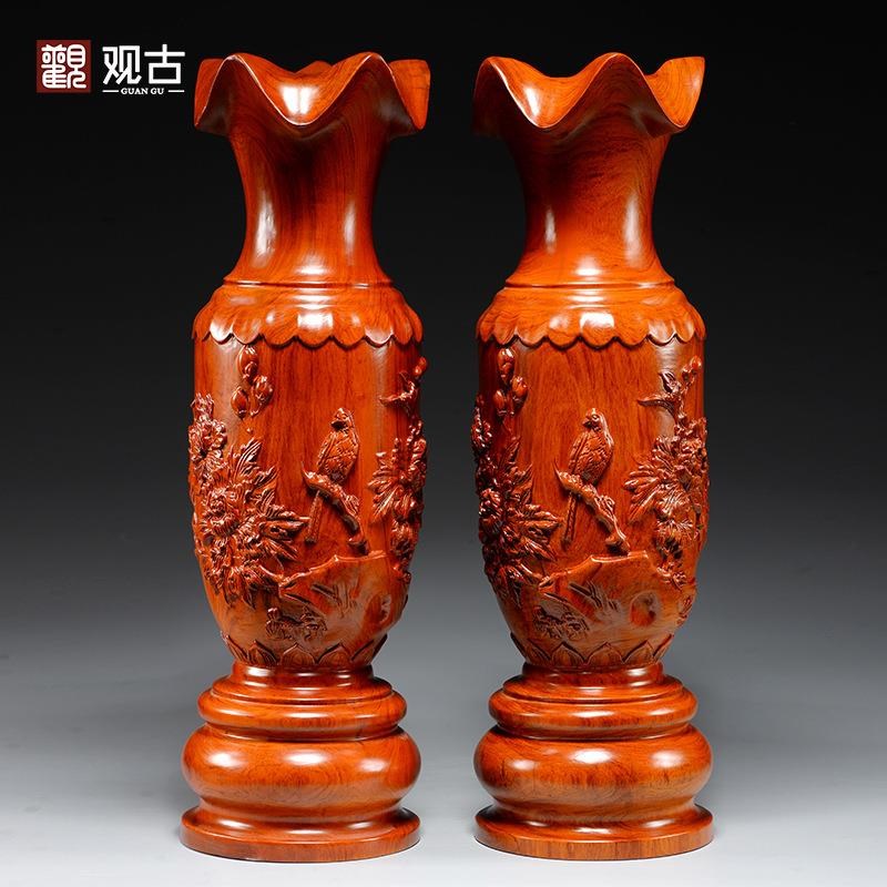 木雕花梨木装饰花瓶红木摆件实木家居客厅中式大号插花雕刻工艺品