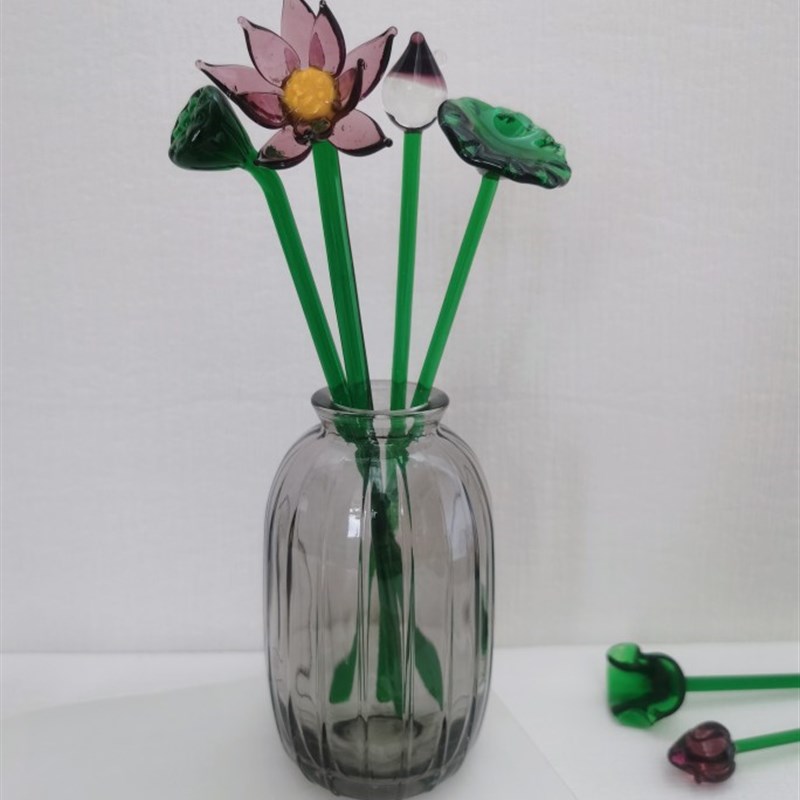 手工玻璃夏日荷花双层卷叶莲蓬客厅桌面家居装饰仿真摆件小口瓶
