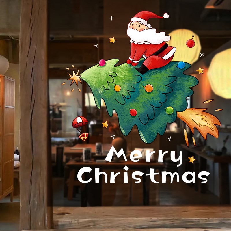 圣诞老人节日装饰品树静电玻璃门贴E纸橱窗户场景氛围布置店铺商