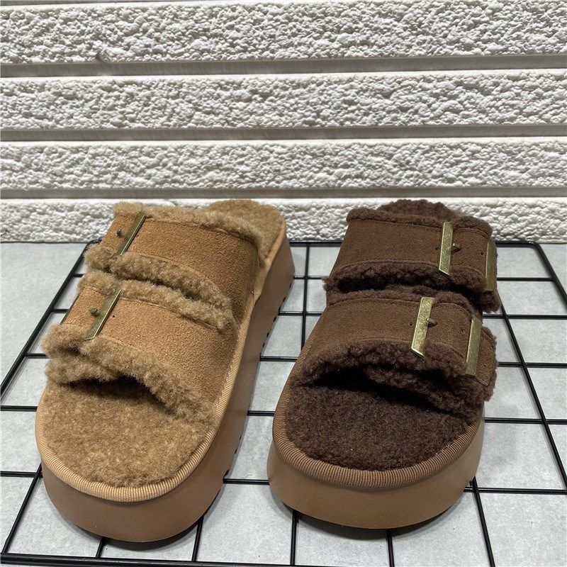 断码处理真皮松糕厚m底勃肯毛毛鞋女外穿2024新款冬季毛茸茸棉拖