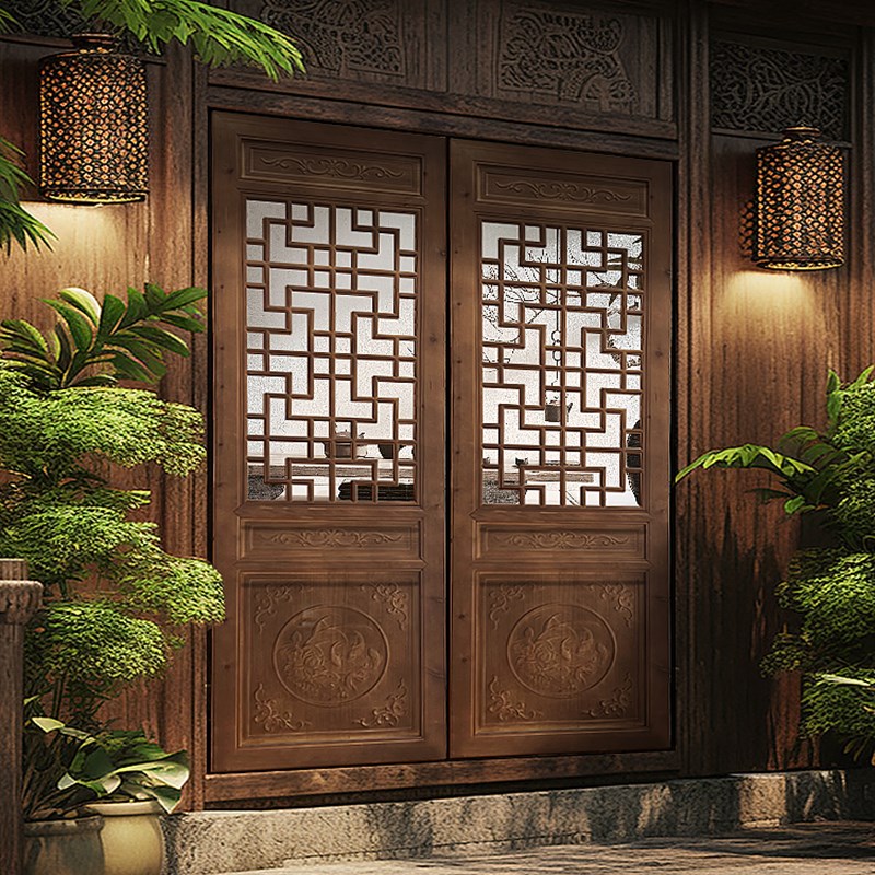 东阳木雕仿古门窗l实木花格复古老木窗户窗花中式庭院门老木门定