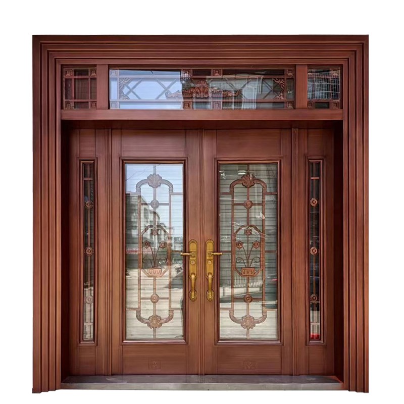 别墅大门双开门玻璃入户门防w盗门家用农村自建房进户门不锈钢铜