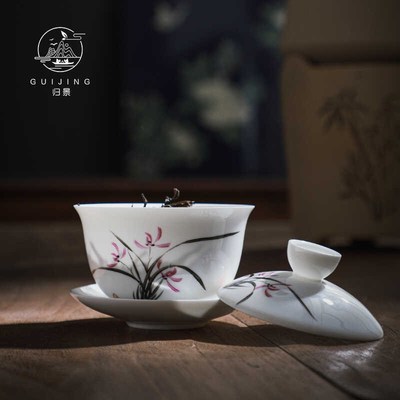归景丨草兰丨骨瓷盖碗手绘全手工薄胎陶瓷茶碗图案潮州茶具潮汕