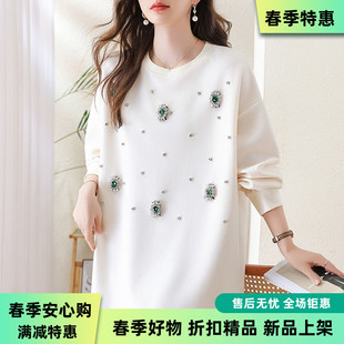 女装 实拍 慵懒百搭休闲棉质大码 卫衣2026新款 圆领宽松订钻长袖
