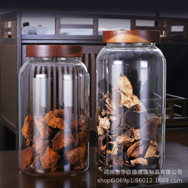 大口径螺纹口玻璃密封罐大容量玻璃储物罐相思木盖陈皮展示存储罐