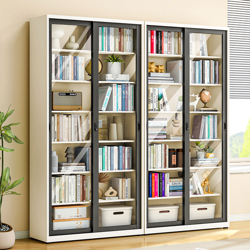 福凯祥家用钢制书柜推拉t门玻璃书架带锁防尘收纳柜落地储物置物
