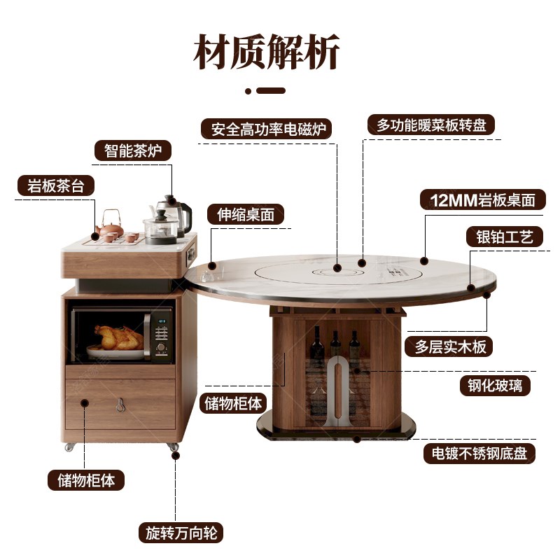 可分离式岛台g餐桌一体家用中古风可伸缩岩板实木圆桌智能暖菜转