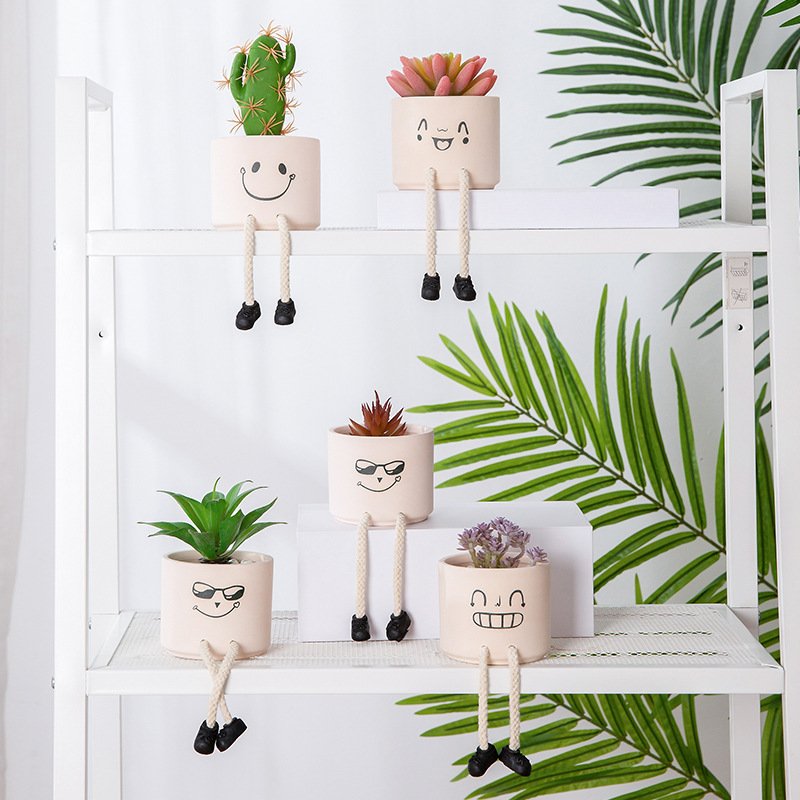 创意表情人物吊脚娃娃陶瓷花盆工艺品个性摆件仿真多肉植物盆栽小