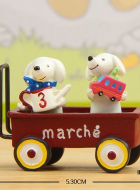 卡通树脂两只小狗坐推车微景观园艺造景花插道具拍摄玩偶桌面摆件