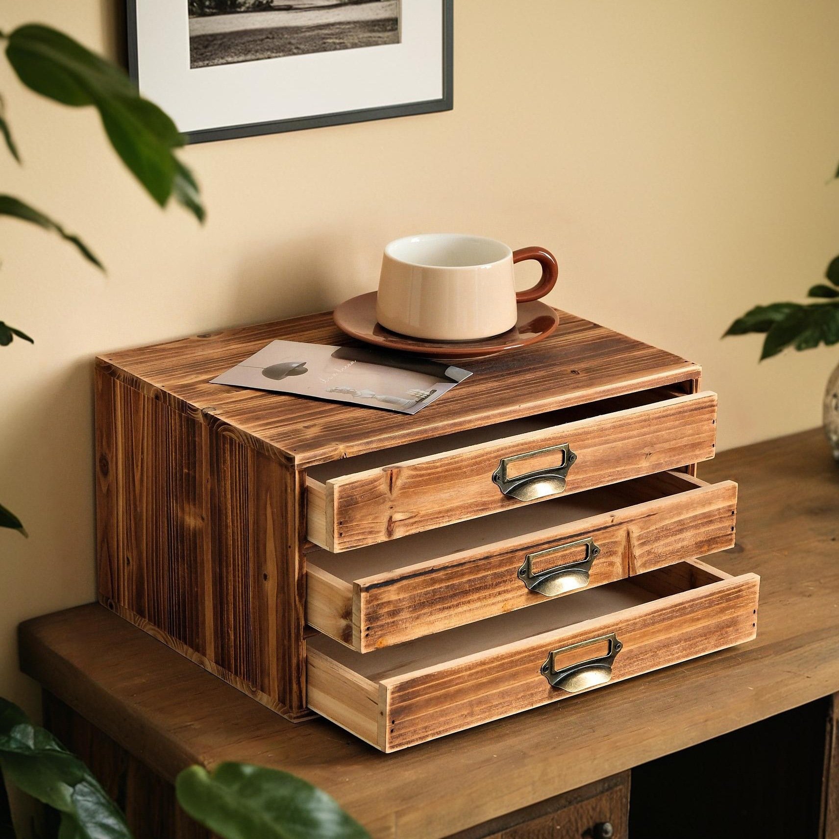 欧式复古手工抽屉盒书房首饰收纳神器实木多场景装饰柜电脑增高架