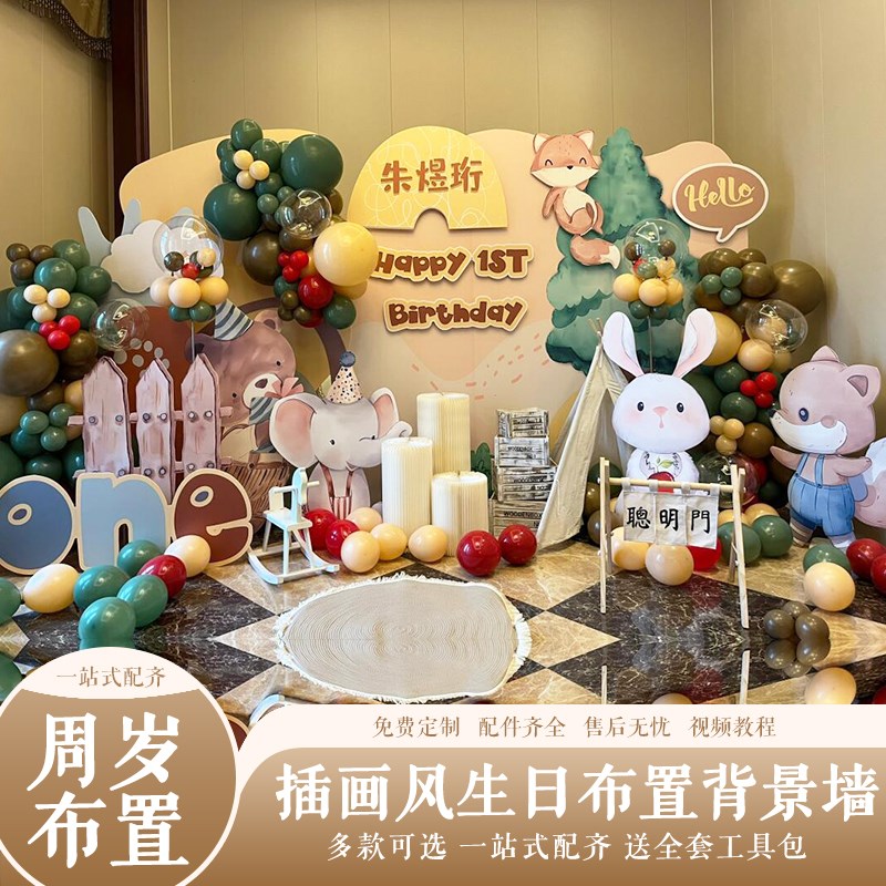 手绘插画风周岁宝宝百日宴布置满月酒气球背景墙kt板定制场景装饰图片