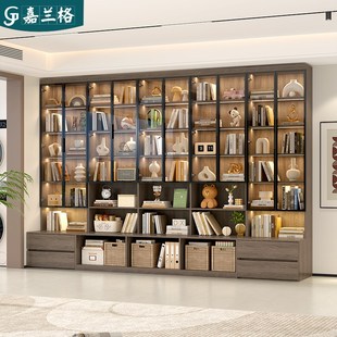 定制去客厅化书柜一体整墙到顶带玻璃门卡座满墙书架书桌组合9F75