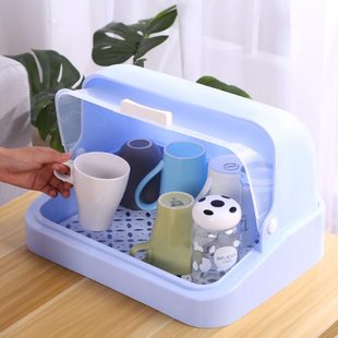 防尘罩放茶杯子玻璃水杯具收纳盒置物架小柜子沥水托盘带翻盖家用