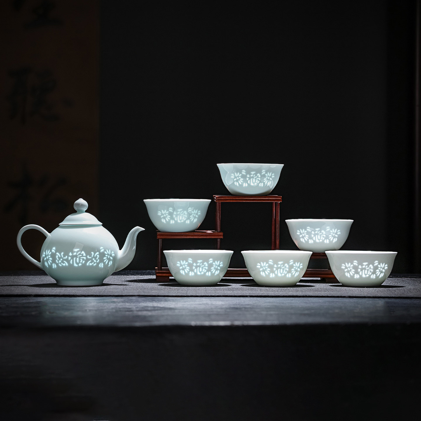 景德镇玲珑瓷鸡缸杯茶具小套装