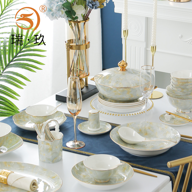 家用碗盘b自由搭配唐山骨瓷餐具盘子菜盘轻奢骨碟鱼盘金边碟子菜