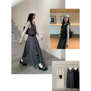 STUDIO MZI 搭背心百褶连衣裙修腰甜美温柔大裙摆长裙连衣裙MZ653