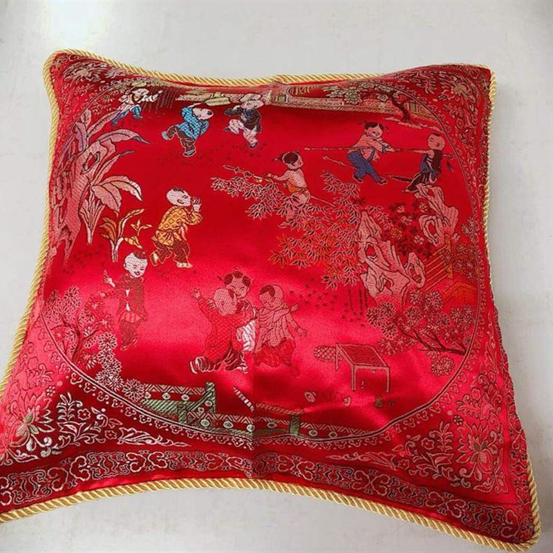 中式婚庆百子图靠垫套杭州丝绸缎红木沙发靠枕婚房结婚抱枕套一对