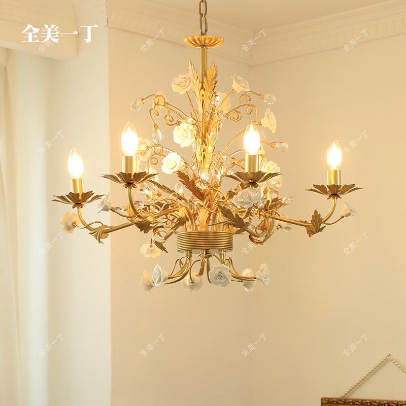 全美一丁法式复古陶瓷玫瑰花朵吊灯客厅卧室蜡烛水晶餐厅创意灯具