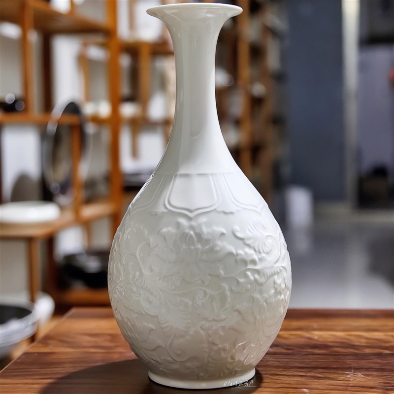 定瓷新中式家居装饰品定窑白瓷梅瓶玉壶春花瓶摆件客厅玄关电视柜
