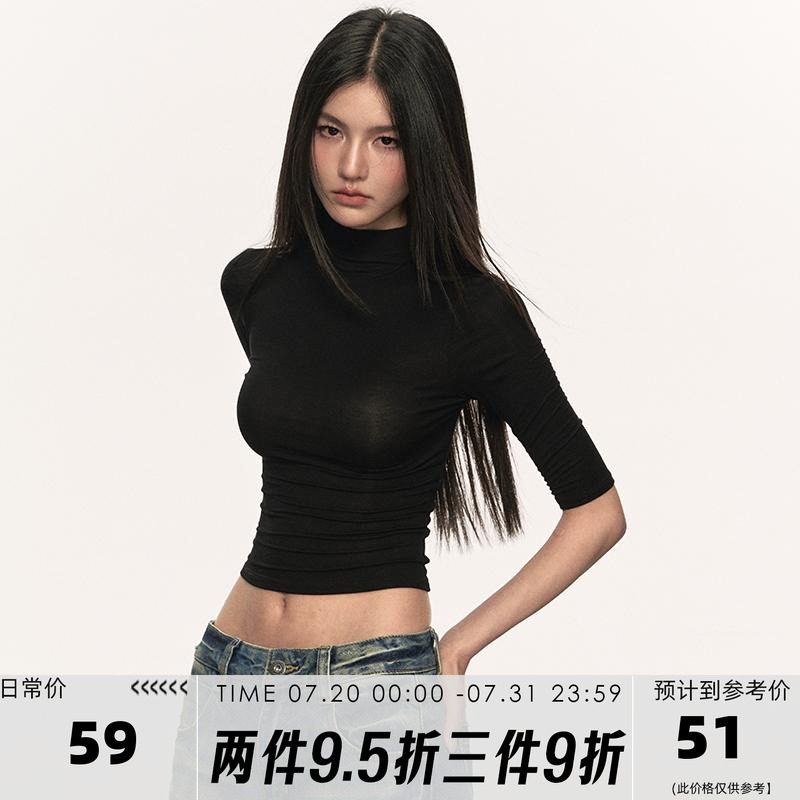 中袖黑色T恤女早秋小高领