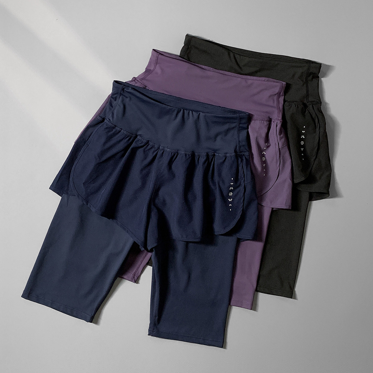 瑜伽裤夏季假两件五分裤女运动短裤健身房防走光高腰后口袋紧身裤