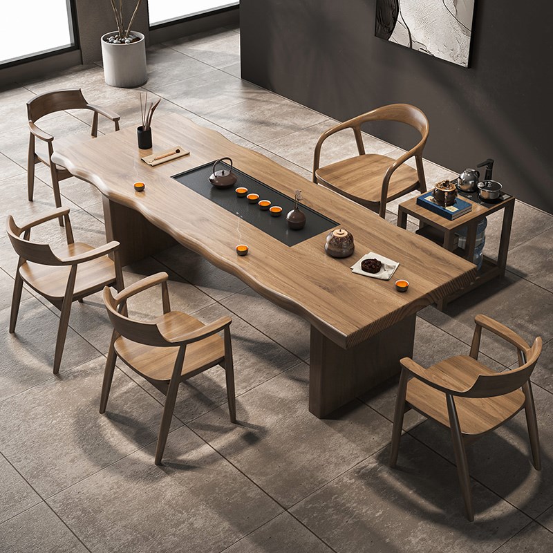 实木茶桌茶盘一体泡茶桌椅组合后现代简H约办公室功夫茶台大板桌