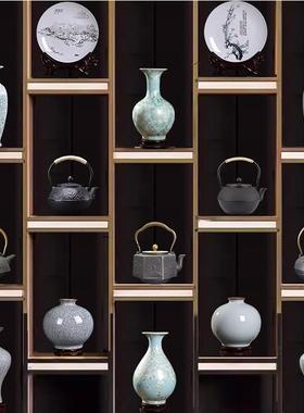 中式茶室摆件套装艺术品博古架茶柜茶壶茶道摆件装饰铁壶陶瓷花瓶