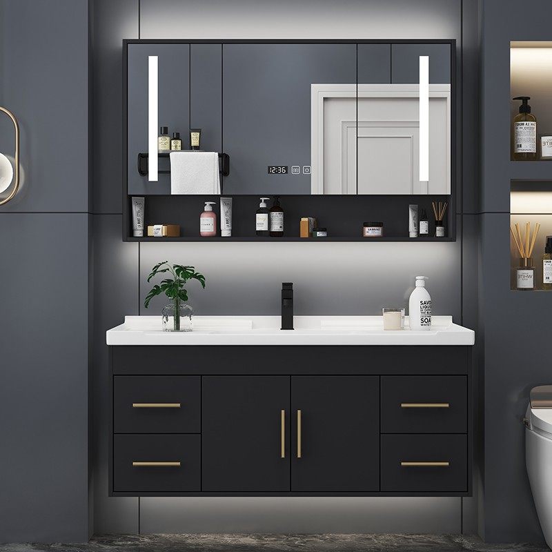 实木智能镜柜黑色浴室柜一体陶瓷盆洗手盆洗脸盆洗漱台