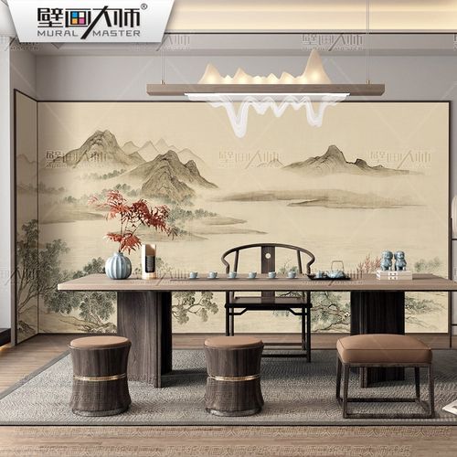 湖山春暖图刺绣壁布背景墙纸中式古风聚财山水壁纸客壁画新款