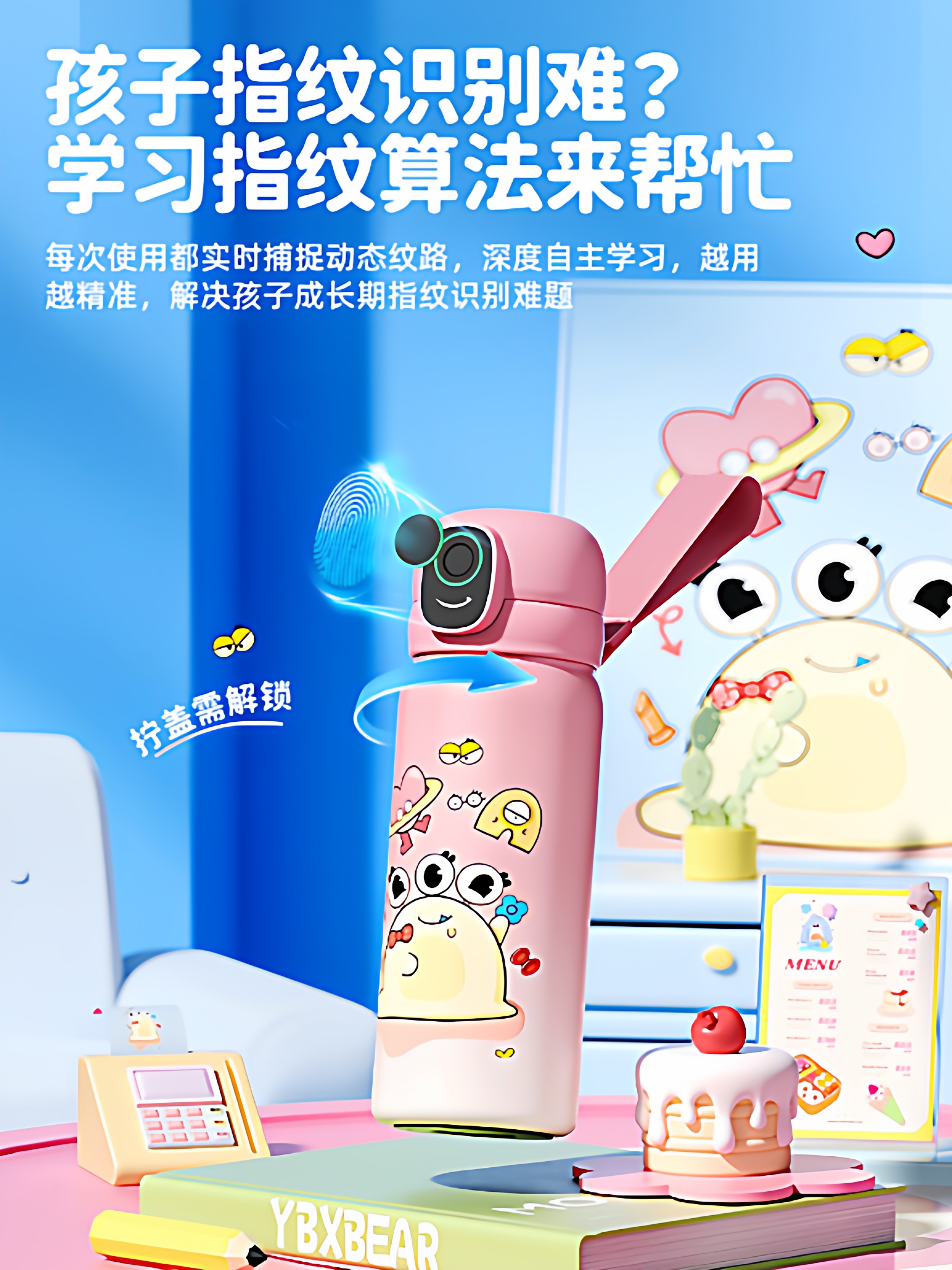 优邦熊指纹水杯儿童男女孩上学专用智能密码保温杯学生礼物吸管杯