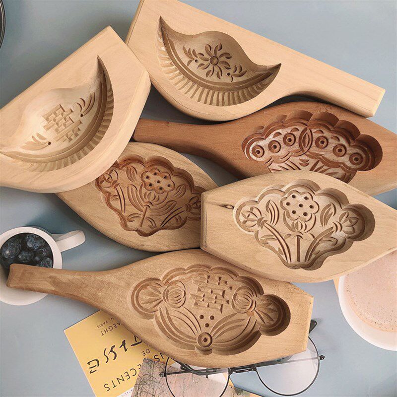 中式凹面喜字烘培花型莲蓬纯色月饼荷花糖包月牙梨木雕刻馒头模具
