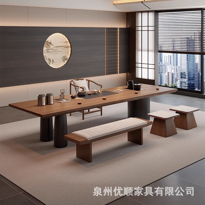 现代简约大板茶台实木茶桌椅组合高级感家用客厅办公室烧水壶一体