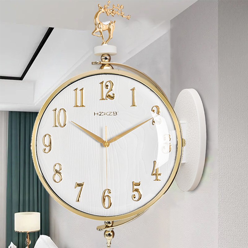 网红新款轻奢双面挂钟静音时钟家用客H厅时尚现代简约鹿头钟表挂