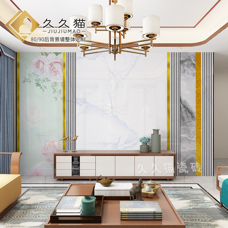 新款客厅艺术岩h板背景墙格栅微晶C石电视墙瓷砖影视墙全屋定制沙