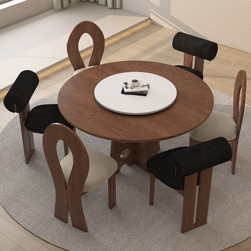 全实木餐桌圆桌家用小户型中古奶油风高端胡桃色全托圆形吃饭桌子