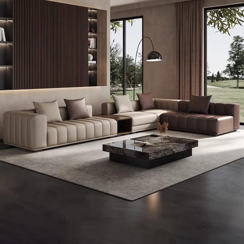 钢琴键沙发头层牛皮意式r极简轻奢客厅别墅转角真皮沙发直排高级