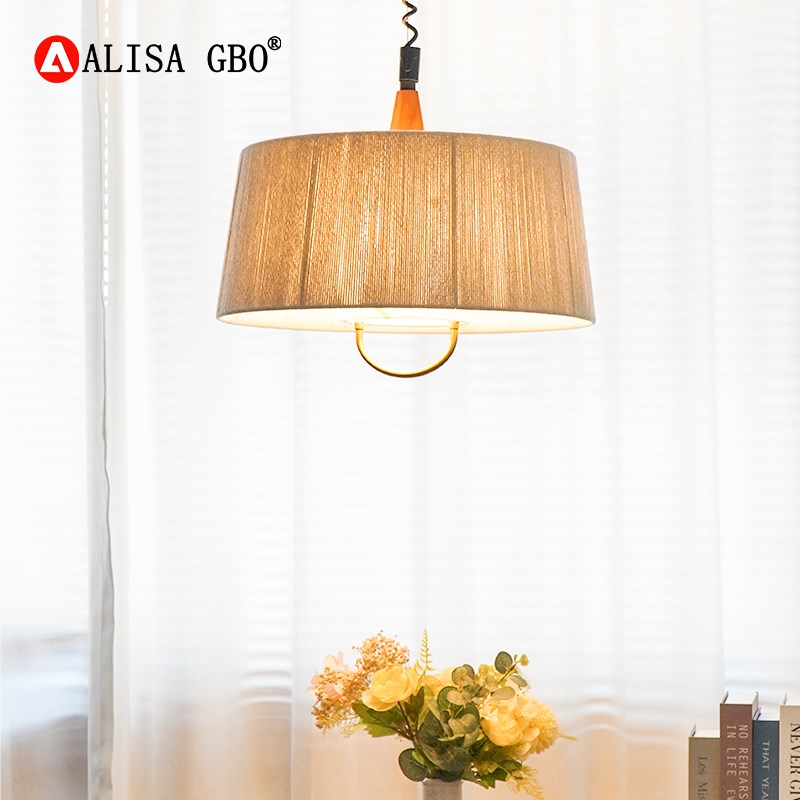 法式复古吊灯可h伸缩餐厅吧台灯实木丝绳侘寂风岛台餐桌中古饭厅