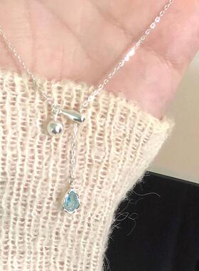 蓝色水滴流苏项炼女配饰轻奢小众气质抽拉式可调节锁骨炼2025新款
