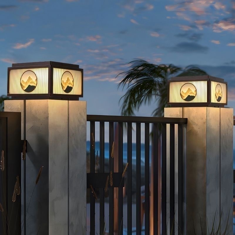 新中式柱头灯户外庭院围墙大门柱子灯别墅防水接电款太Z阳能柱头