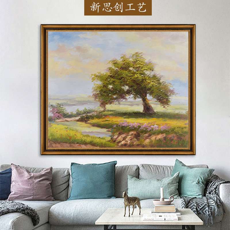 现货纯手绘风景油画新中式客厅玄关装饰画带框酒店客房挂画壁画