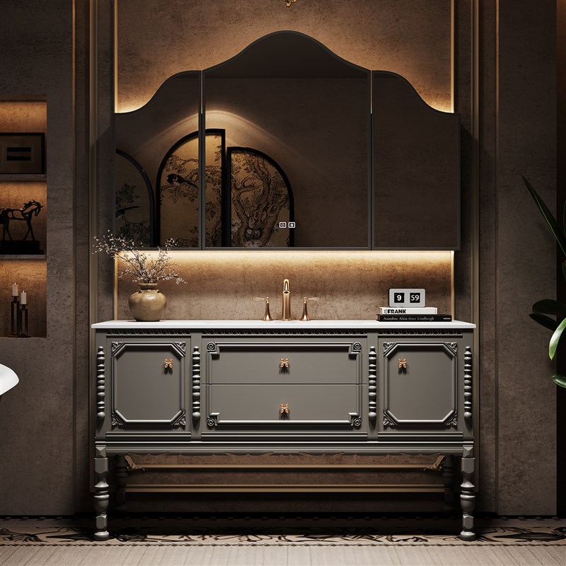 法式复古橡木落地浴室柜组合卫生间岩板热弯一P体洗漱台洗脸台盆